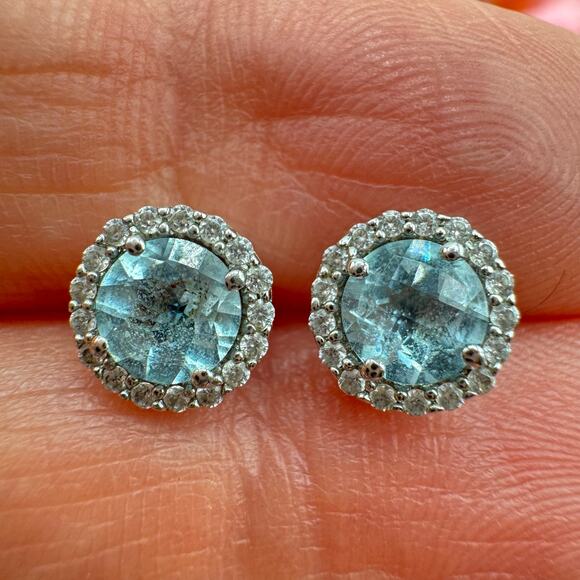 Lafonn Blue Topaz December Birthstone Halo Stud Earrings Faux Diamonds Bridal - Picture 1 of 12